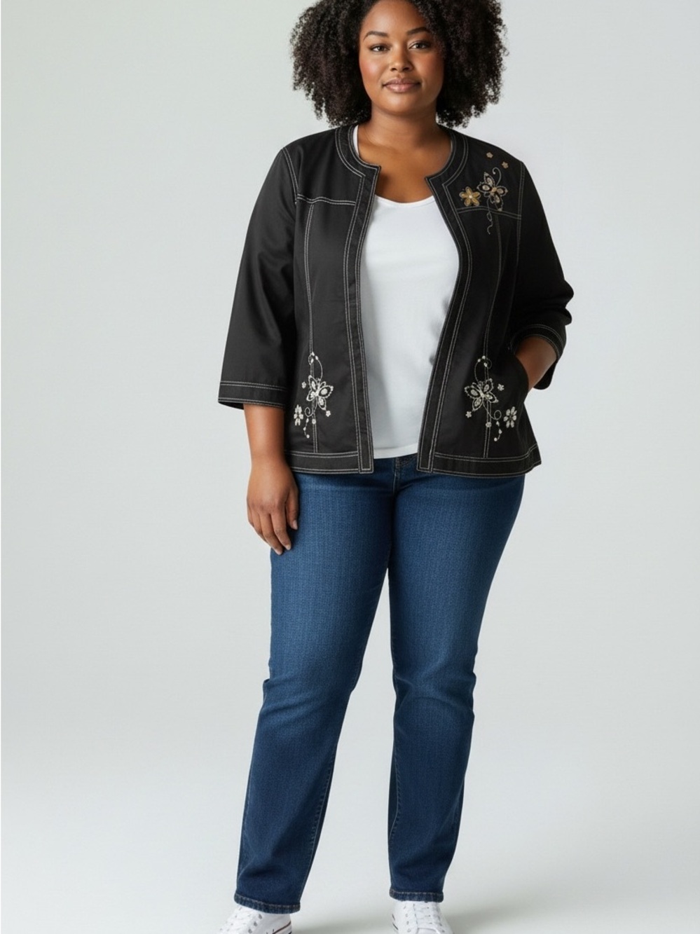 Alfred Dunner Black Embroidered Open-Front Jacket